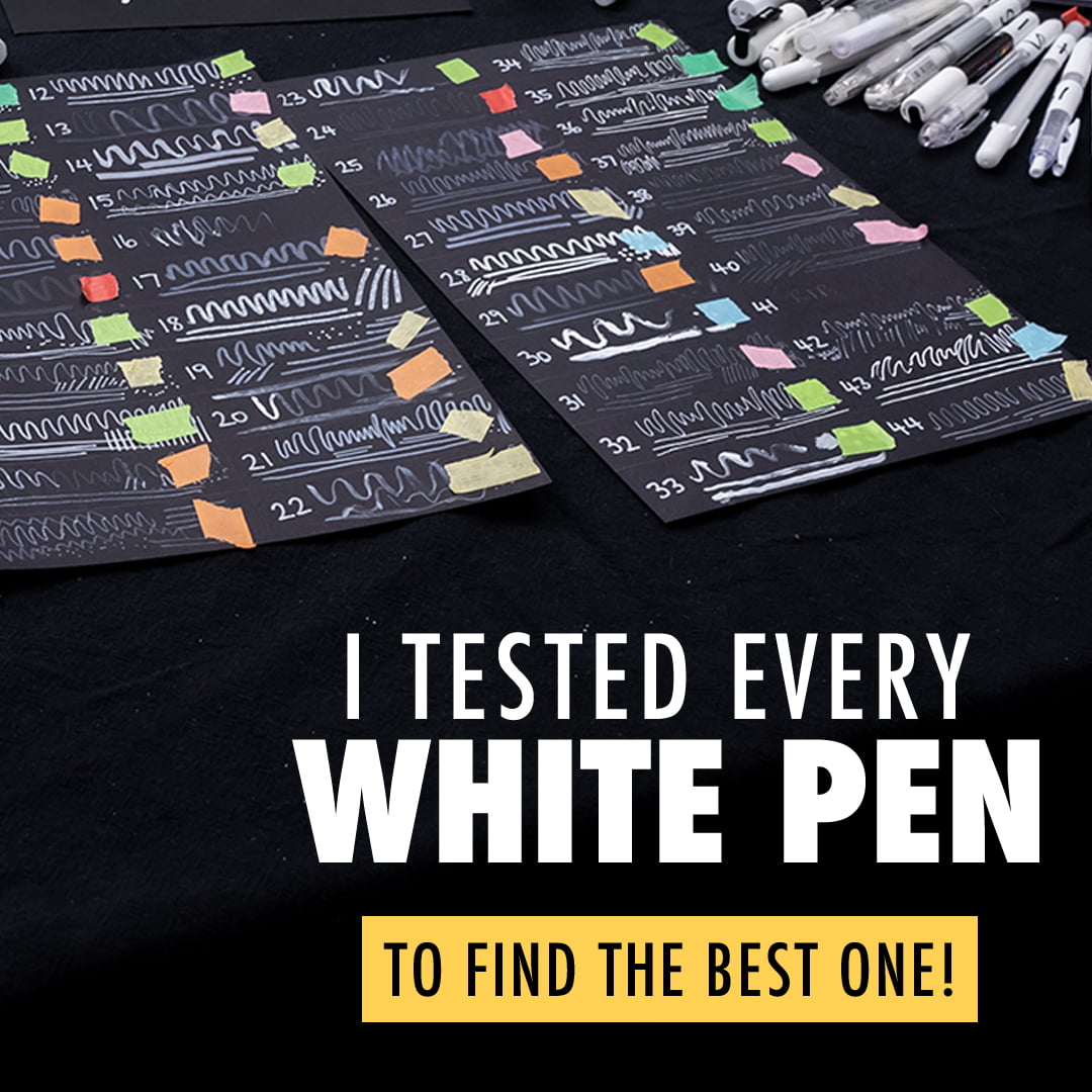 A collection of white pens and colorful swatches on black paper