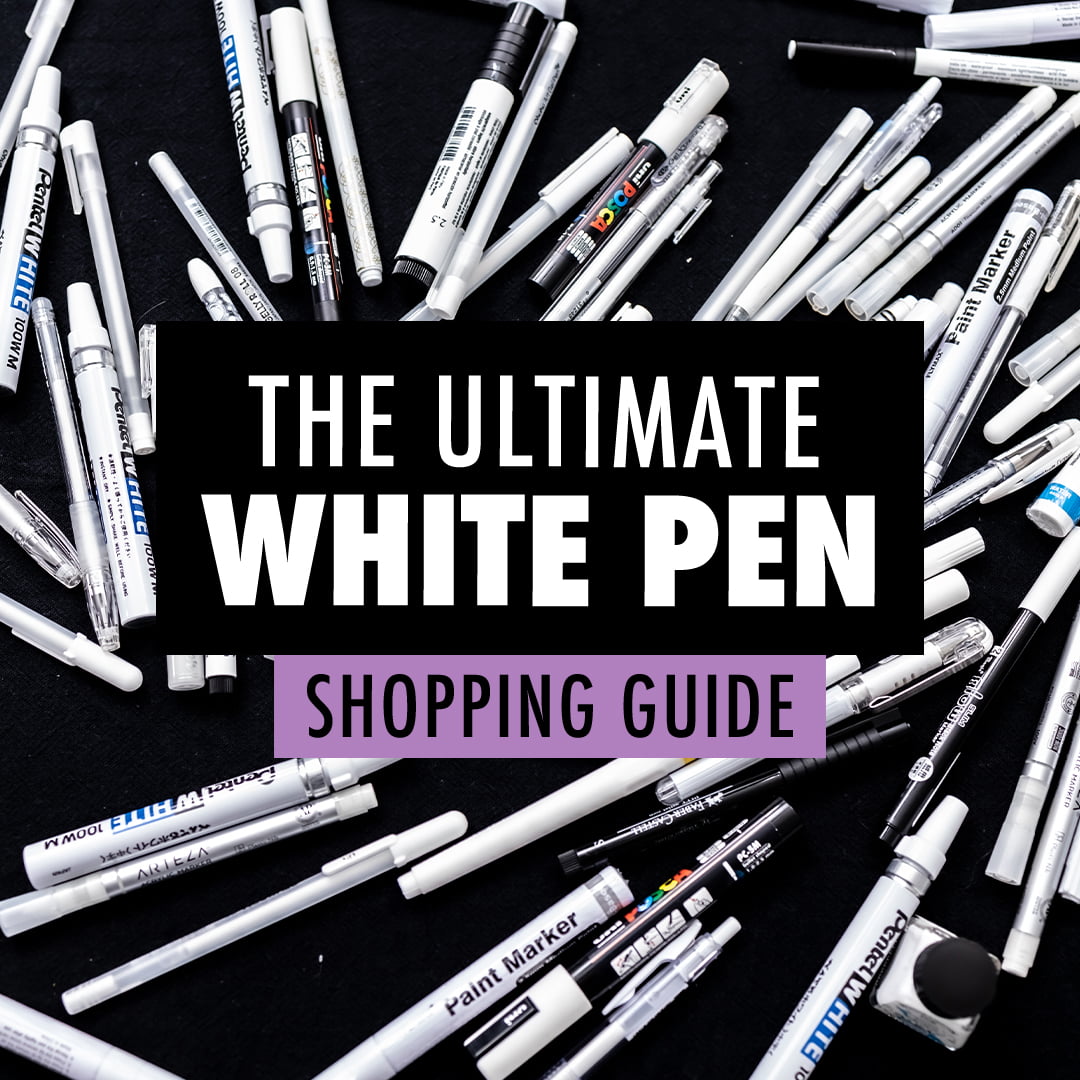 A Collection of White Pens on a black background
