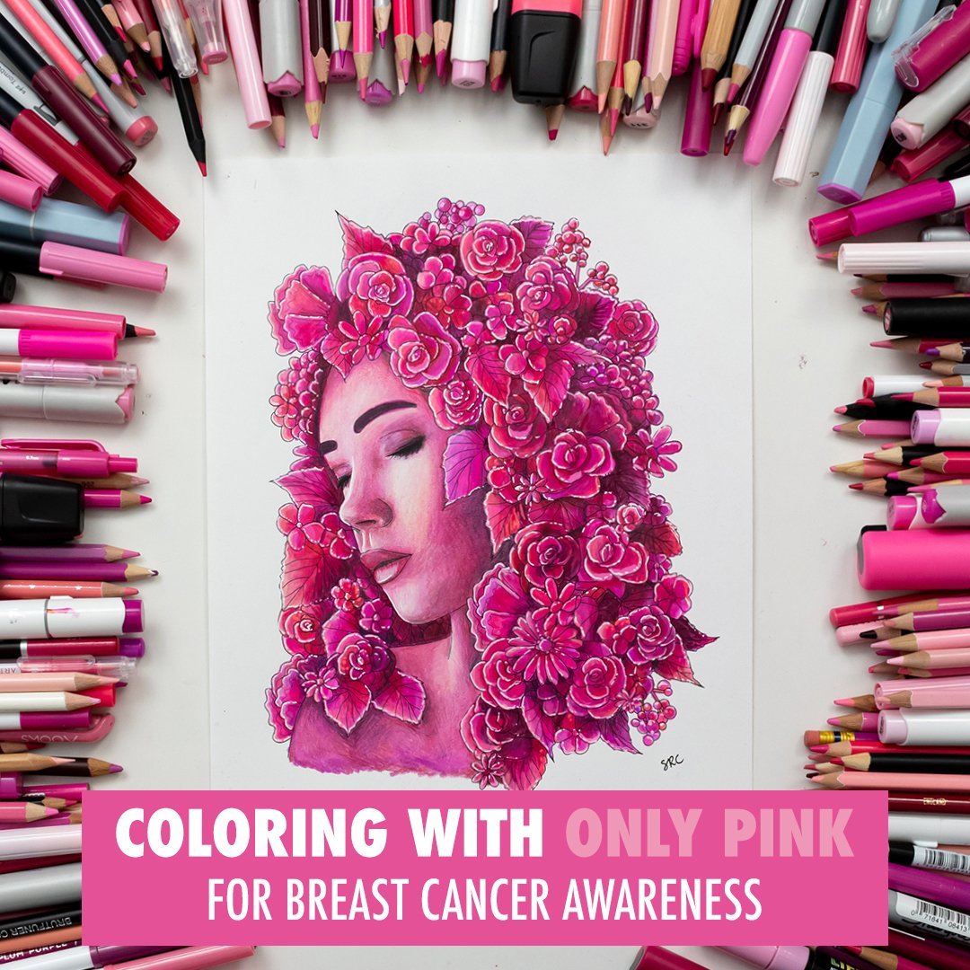 A colored in page of a female face with flowers in place of hair, surrounded by pencils and markers.