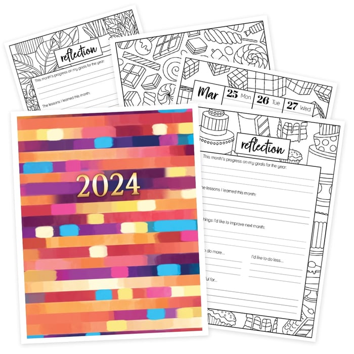 Colorful Printable 2024 Coloring Planner with weekly, monthly and yearly spreads and coloring pages shows 4 example coloring and dashboards.