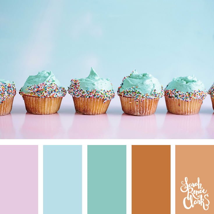 Color Palette 381 vanilla cupcakes lined up with frosting and sprinkles