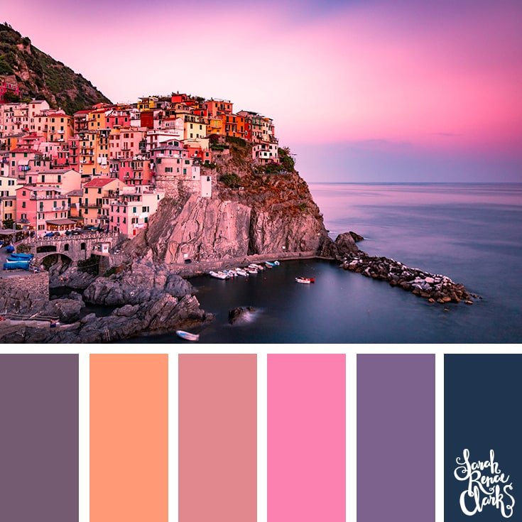 Color Palette 486 - a pastel pink and purple sunset over a coastal cliff side town