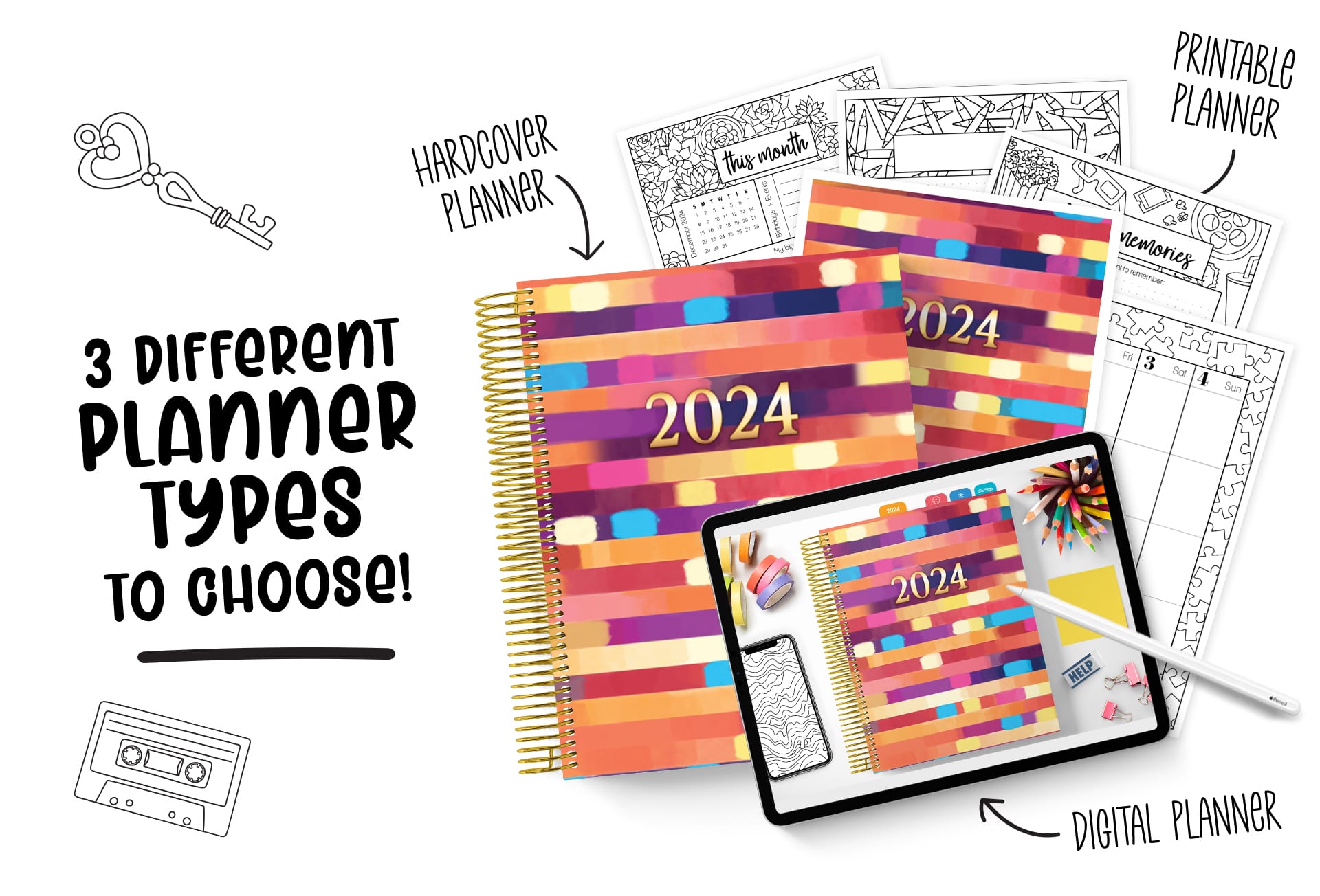 3 different Planner types The 2024 Coloring Planner can be a Hardcover Planner, Printable Planner, and Digital Planner, all with coloring pages and stickers to choose.