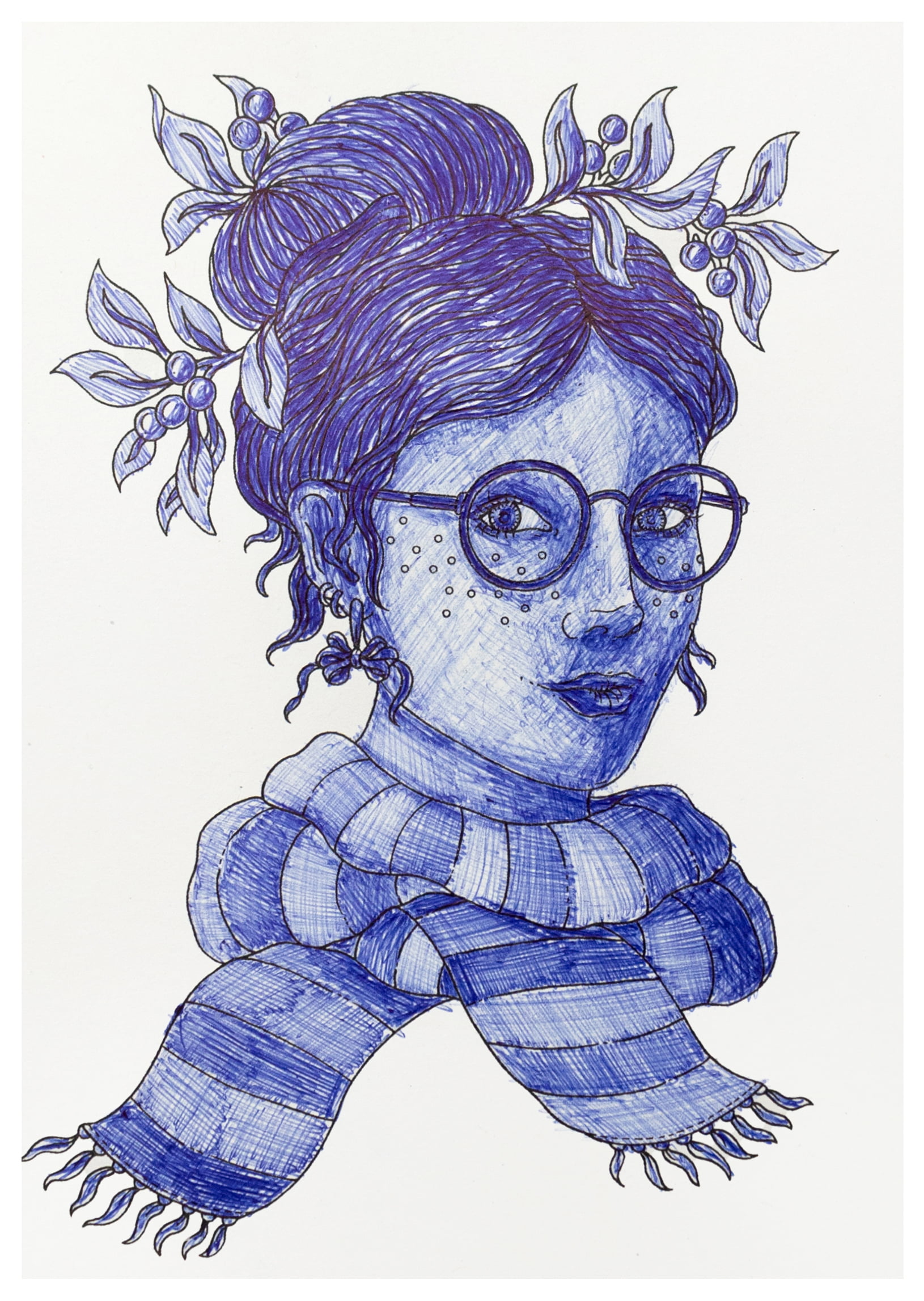 A hand drawn picture of a womans head, colored and shaded in blue ballpoint pen