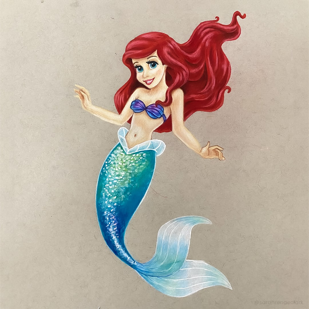 A hand drawn image of the little mermaid with white pen highlights on toned paper.