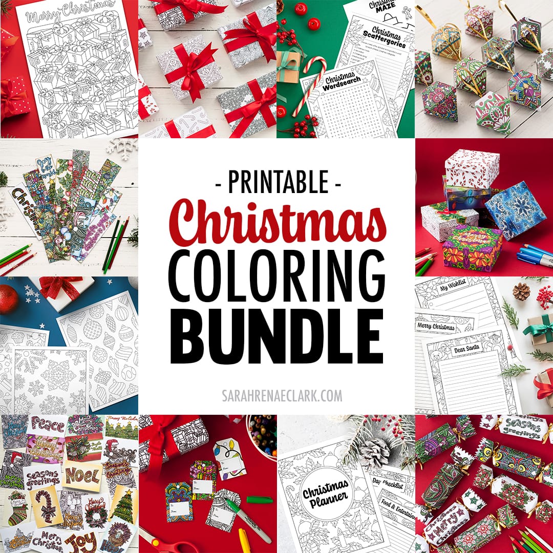 Save 50% on Christmas printables in this huge Christmas Coloring Bundle! It includes printable Christmas crackers, ornaments, bookmarks, coloring pages, gift tags, wrapping paper, gift boxes, Christmas cards and more!