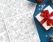 10 Printable Christmas Coloring Pages with christmas ornaments and presents.