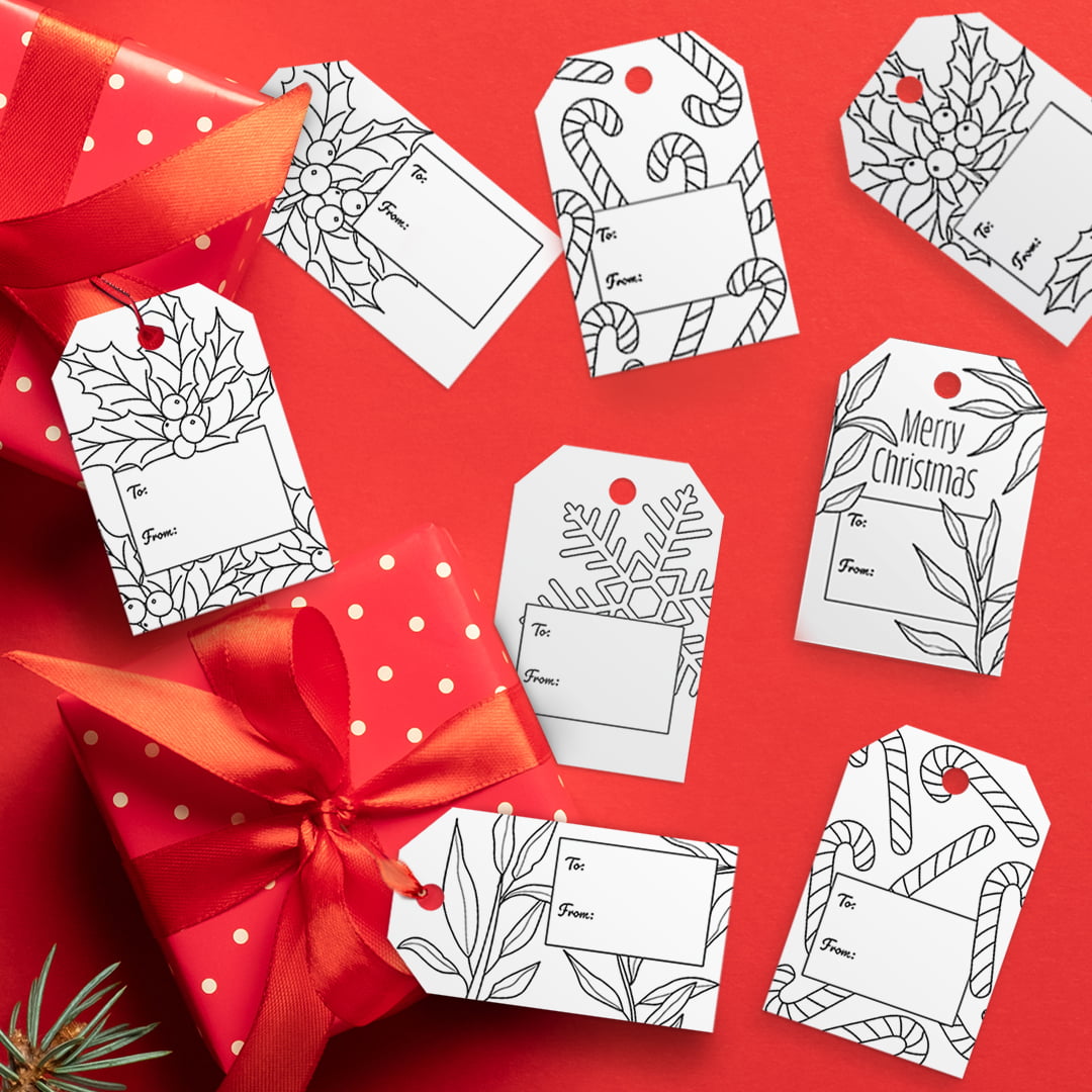These printable Christmas Gift Tags are fun to color in and a great way to personalize your Christmas gifts! Includes 8 printable tags to color in | Find more printables and coloring pages at https://sarahrenaeclark.com/christmas