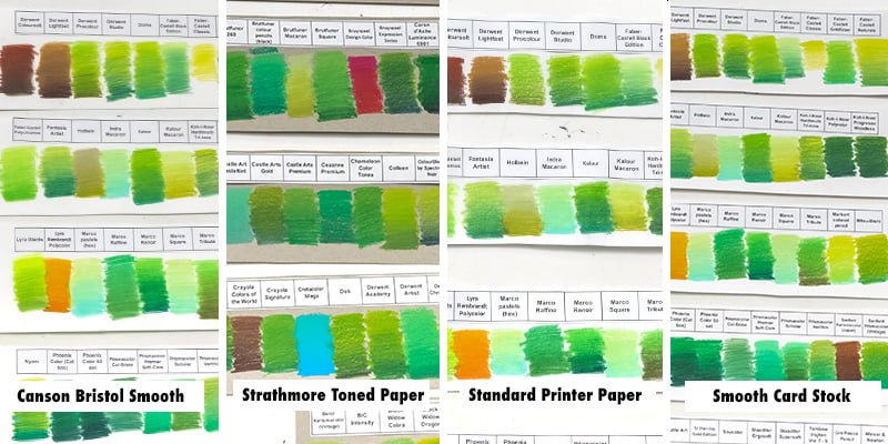 Blending test on different paper including Canson Bristol Smooth, Strathmore Toned Paper, Standard Printer Paper and Smooth Card Stock.
