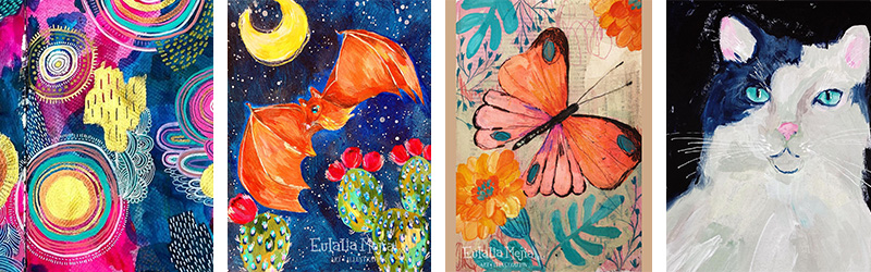 Eulalia Mejia mixed media artwork done with watercolors, colored pencils, craft paper and lots of other materials.