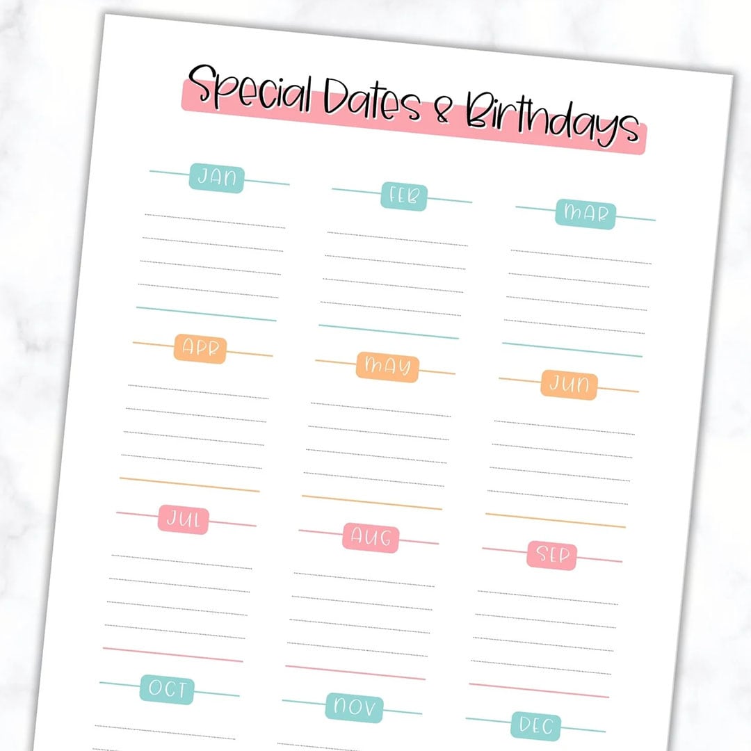 Free printable special dates and birthdays page