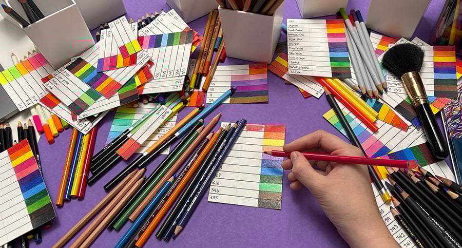 Lightfast testing coloured pencil swatches
