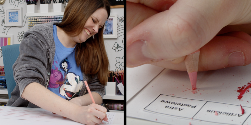 Sarah and the pastel coloured pencils being crushed. Find all the results of the strength and durability tests when I tested 90+ coloured pencils.