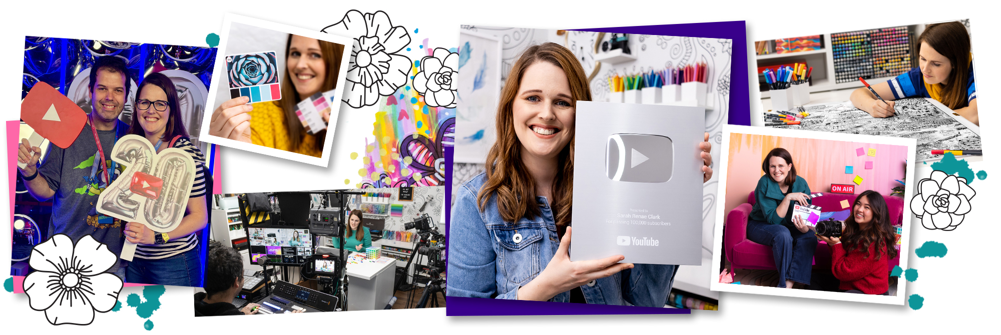 sarah-renae-clark-youtube-creator-journey Sarah Renae Clark YouTube achievements, 100k Play Button, with Shane Clark at YouTube 20 year celebration, colouring a large poster, and with Aprilynne Alter.