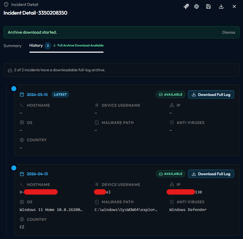 Two distinct stealer-log infections referencing the Red Hat employee identity, dated April 13 and May 15, 2026