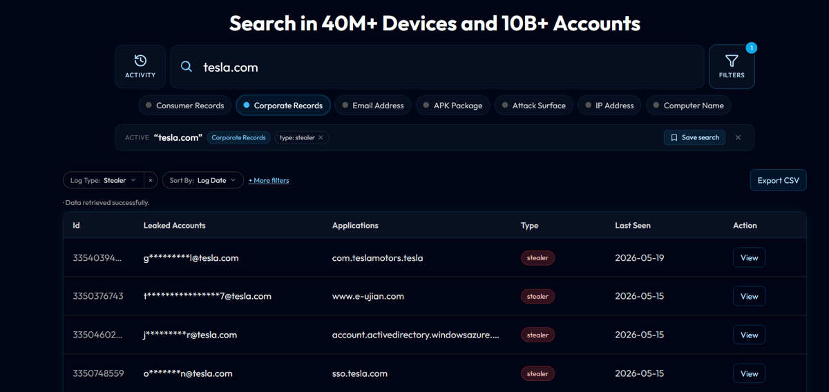 WhiteIntel global search showing pivot from infostealer alert to related records across multiple sources