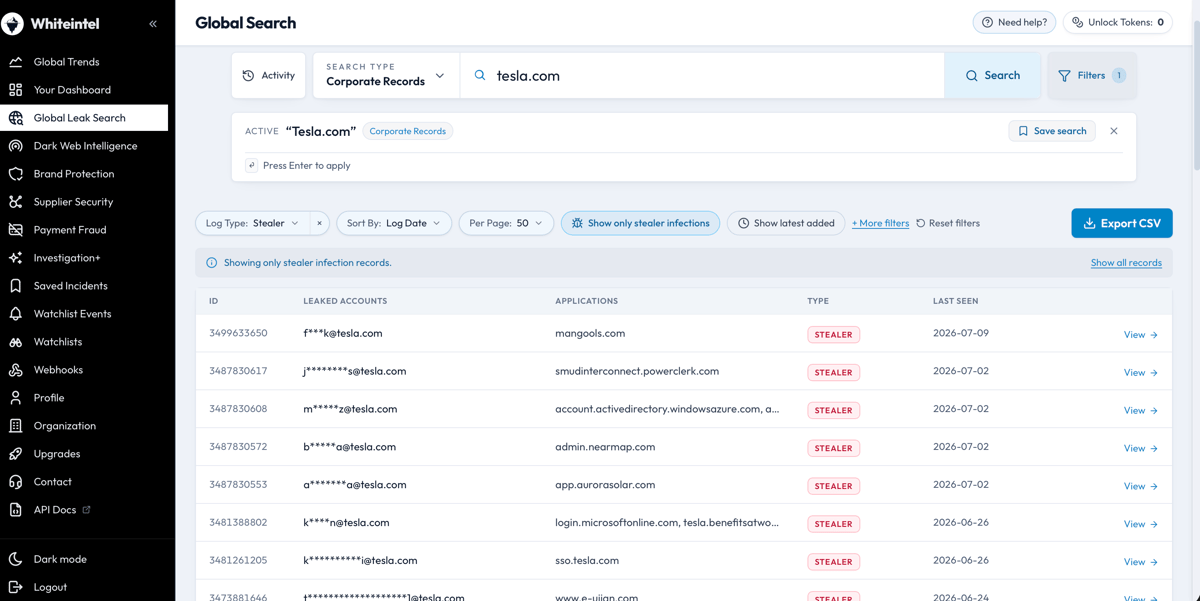 Whiteintel Global Leak Search interface searching billions of infostealer logs and breach records by domain, email, IP, and password for enterprise credential exposure