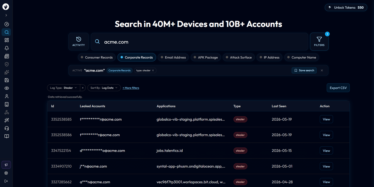 WhiteIntel global search showing pivoted records across multiple sources