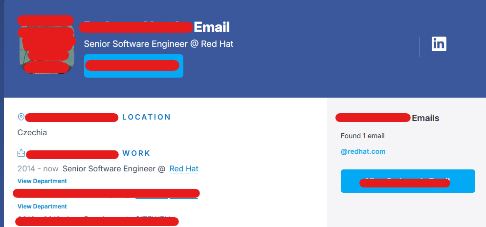 LinkedIn verification: the credential maps to a public LinkedIn profile of an active Red Hat employee (identifying details redacted)
