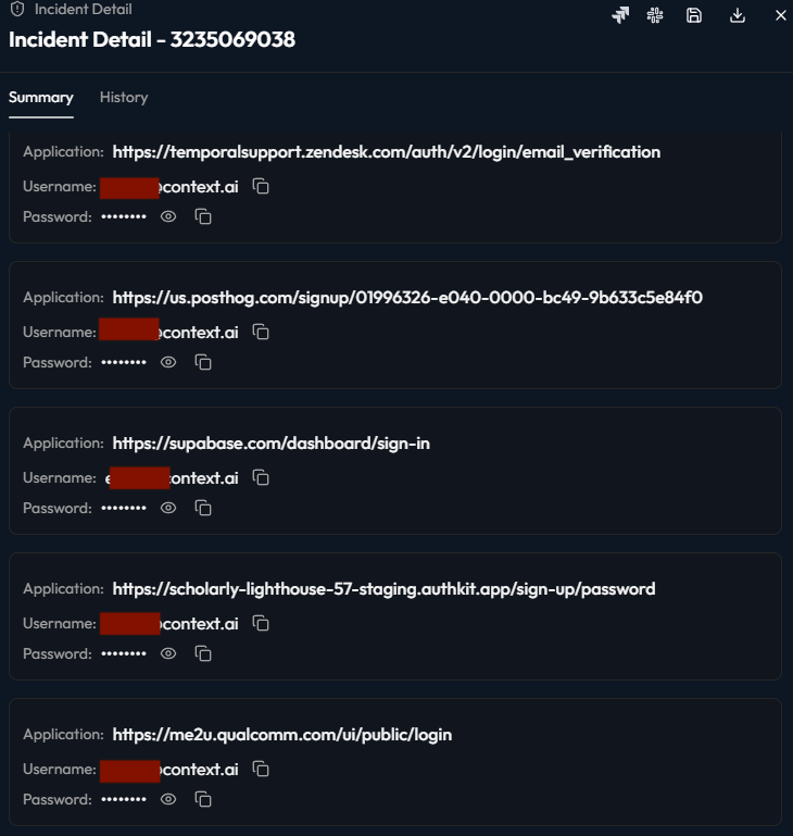 Detailed infection record from Whiteintel platform