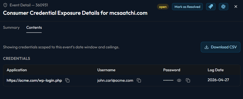 Alert detail view showing credential exposure context