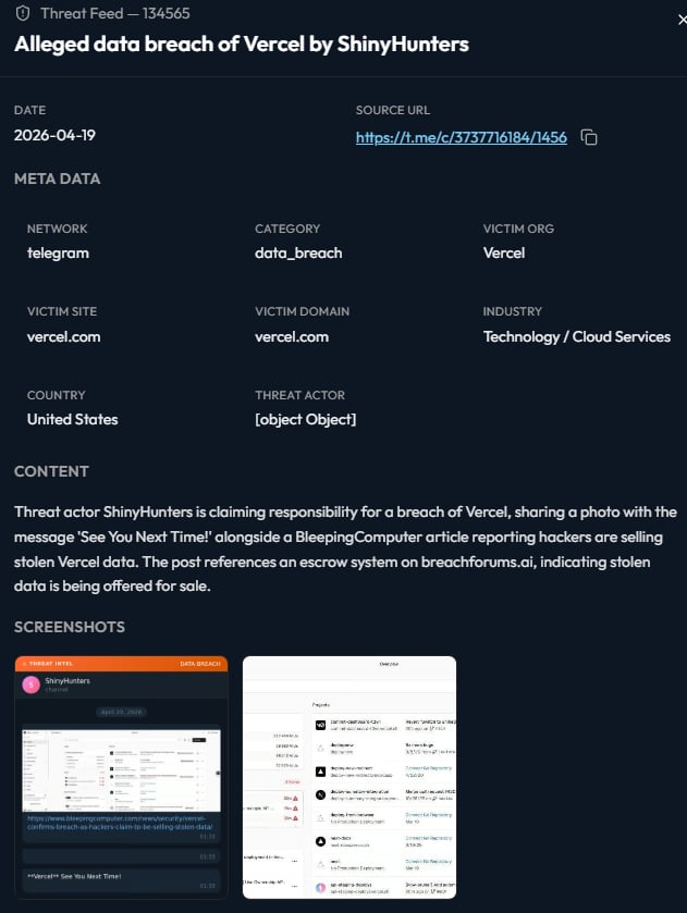 ShinyHunters announcement claiming Vercel breach