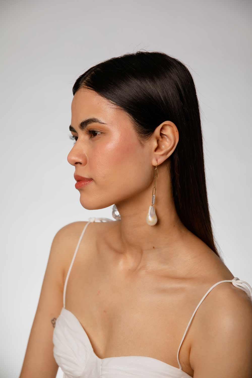 LEEZANDING LEEZANDING Paperclip Link Diamond Drop Pearl Earrings