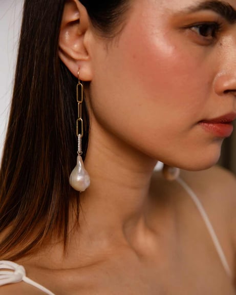 LEEZANDING LEEZANDING Paperclip Link Diamond Drop Pearl Earrings