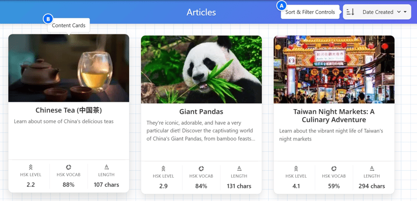 An annotated screenshot of the browse page, highlighting the sort controls and a content card.
