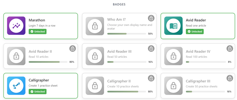 A grid of earned and unearned badges with progress bars.