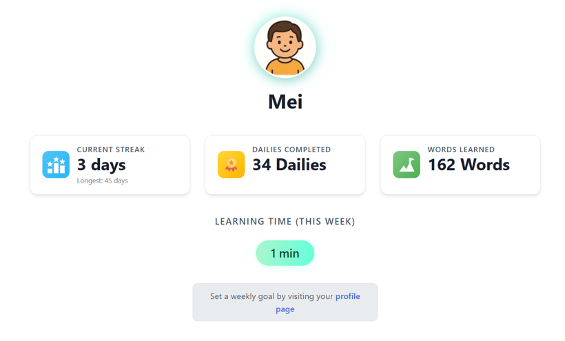 The Progression Page showing user stats and achievements.