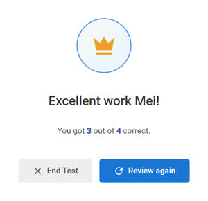 The test summary screen showing the user's score.