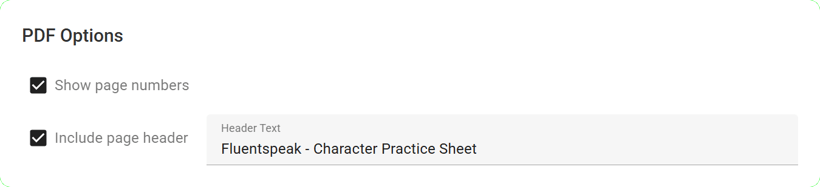 The PDF Options panel, with checkboxes for page numbers and header, and an input for header text.