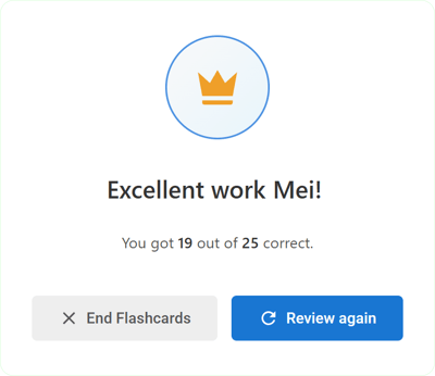 The flashcard session summary screen showing the user's score.