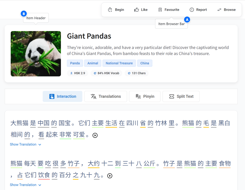 An annotated screenshot of an item view, highlighting the Item Browser Bar and the Item Header.