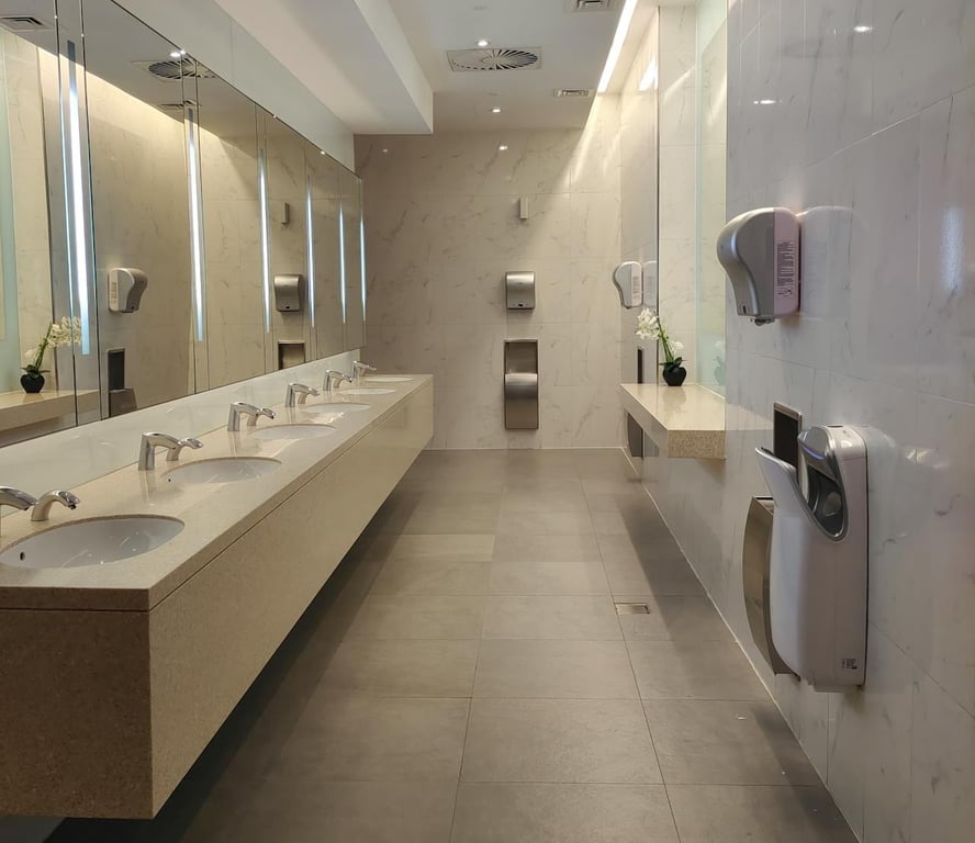 Modern office building lobby at night