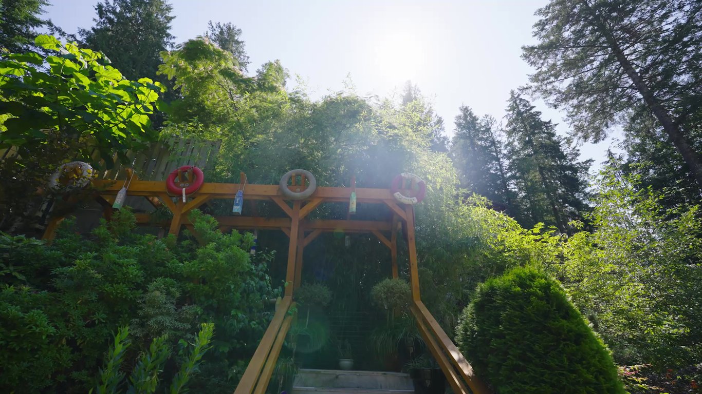 Timber garden arbour with the sun breaking through the trees