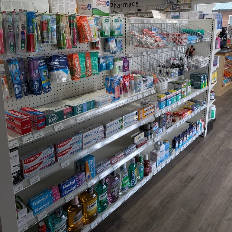 Pharmacy aisle with shelves stocked with dental care products, including toothbrushes, toothpaste, mouthwash, and oral hygiene essentials.