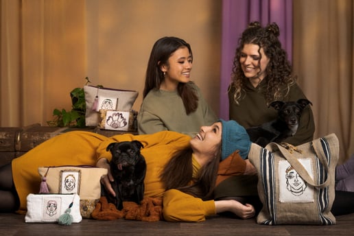 Three models presenting Poopyliine Webshop Tote and Vanity Bags