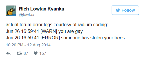 Screenshot of a Twitter post from 2014 describing inscrutable error logs emitted by the Something Awful Forums