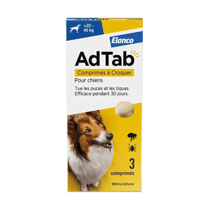 AdTab - Comprimés contre les puces et tiques du Chien de 22 à 45 kg - 900 mg - lotilaner - 3 Comprimés - ELANCO