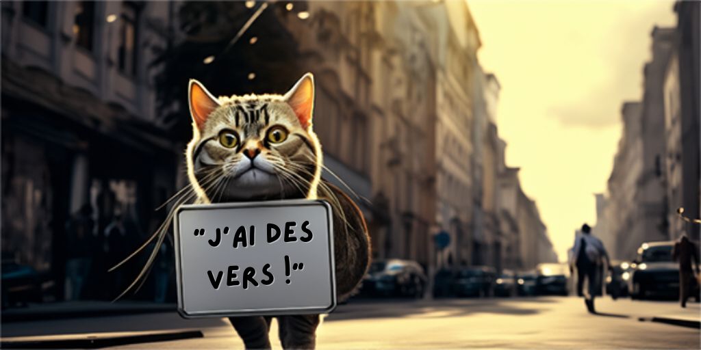 Gato carregando uma placa na rua, tenho vermes para tratar