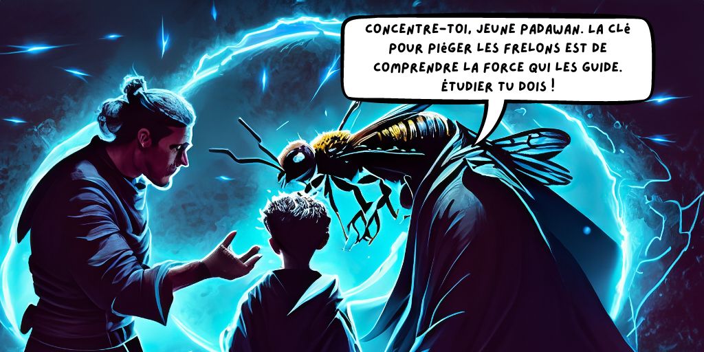Mestre Jedi mostrando a um jovem Padawan como usar a Força para atrair o Hornet para uma armadilha. O relâmpago azul que emana de suas mãos concentra a energia da Força em direção à armadilha, simbolizando maestria e sabedoria na luta contra predadores nocivos.
