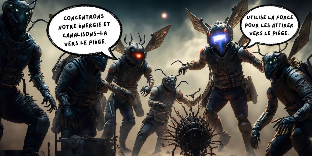 Uma cena de ação onde um grupo de personagens de Star Wars usa uma variedade de armadilhas engenhosas para capturar a vespa.