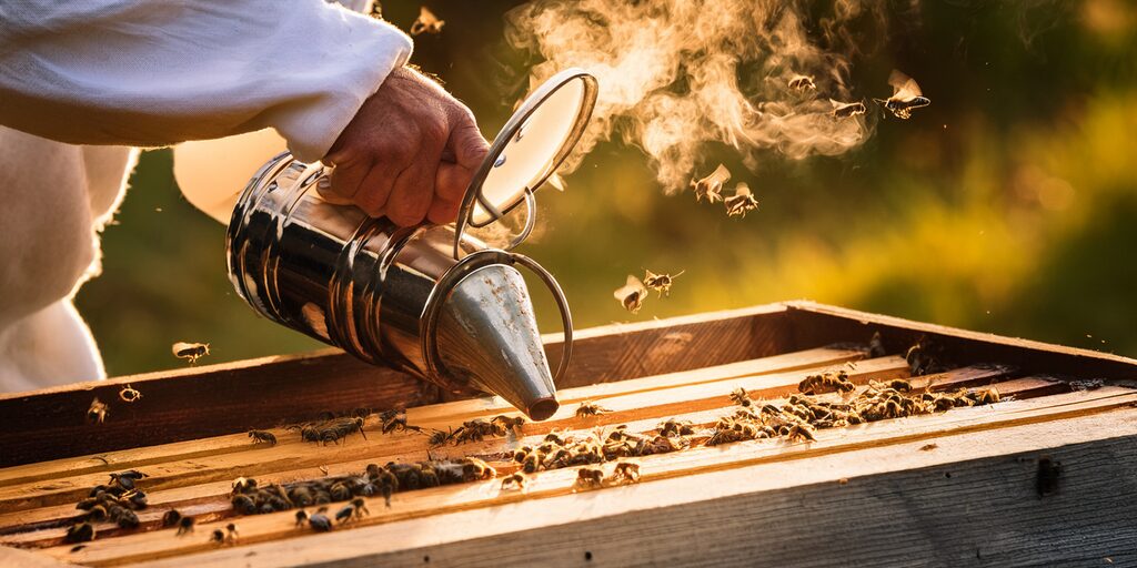 Première image de l'article Quel est le meilleur traitement contre le varroa ? avec un apiculteur traitant ses ruches.