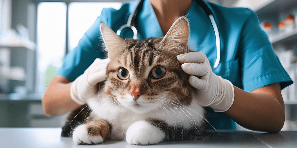 Image d'un chat en train de se faire ausculter pour l'article Quels sont les signes d’un chat qui a des vers ? sur la vermifugation chez le chat.