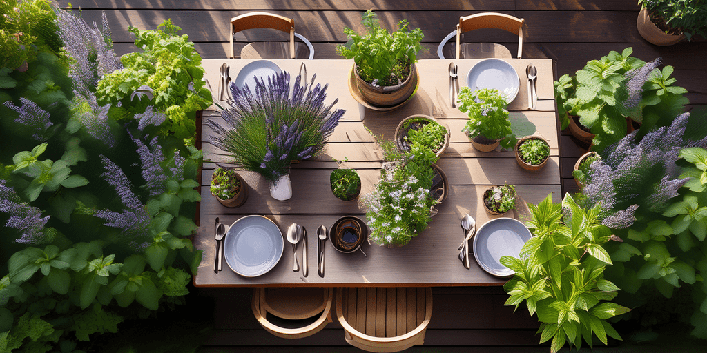 Image d'une table avec des plantes aromatiques pour l'article sur les frelons, quelle plante fait fuir les guêpes et les frelons ?