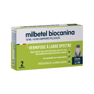 Milbetel - Vermifuge pour chat - plus de 2 kg - 16 mg x 40 mg - 2 comprimés - BIOCANINA - Produits-veto.com