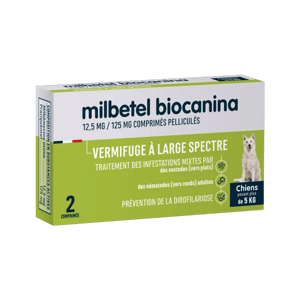 Milbetel - Vermifuge chien - 5 kg - 12,5 mg/125 mg - 2 comprimés - BIOCANINA - Produits-veto.com