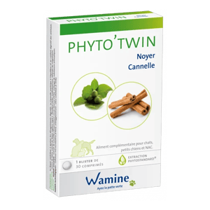 Phyto'twin Noyer et Cannelle - Fonction digestive du chien, chat, NAC - 30 comprimés - WAMINE - Produits-veto.com